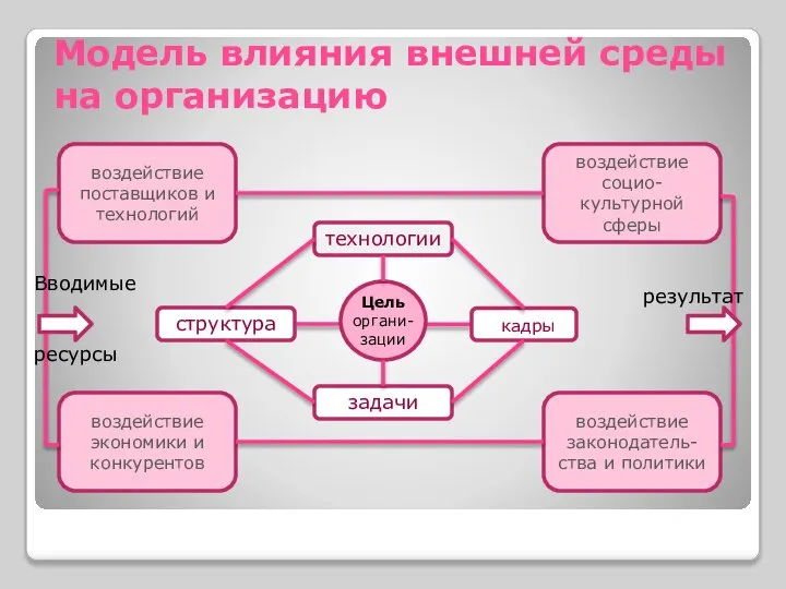 Модель влияния внешней среды на организацию Цель органи- зации технологии кадры структура