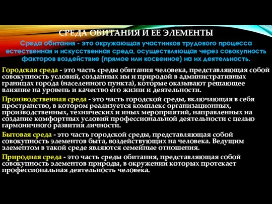 СРЕДА ОБИТАНИЯ И ЕЕ ЭЛЕМЕНТЫ Городская среда - это часть среды обитания