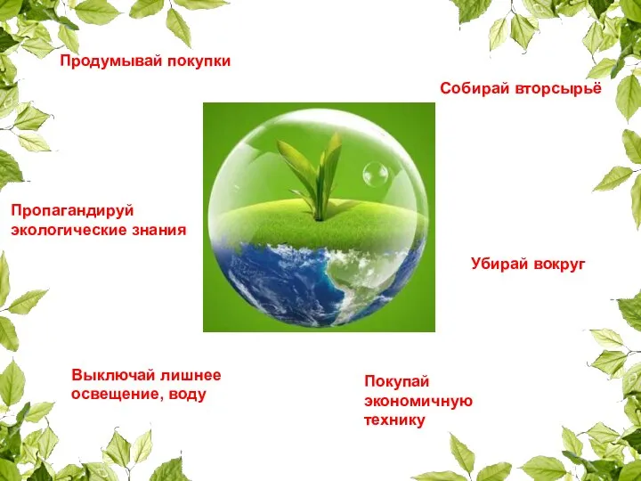 Продумывай покупки Собирай вторсырьё Выключай лишнее освещение, воду Покупай экономичную технику Убирай вокруг Пропагандируй экологические знания