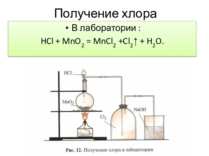 Получение хлора В лаборатории : HCl + MnO2 = MnCl2 +Cl2↑ + H2O.