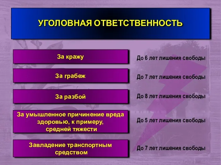 УГОЛОВНАЯ ОТВЕТСТВЕННОСТЬ За кражу До 6 лет лишения свободы За грабеж До