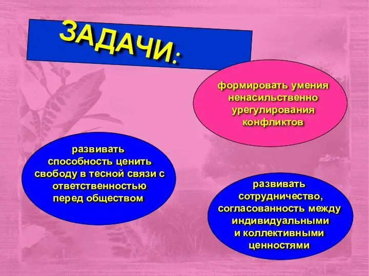 ЗАДАЧИ: развивать способность ценить свободу в тесной связи с ответственностью перед обществом