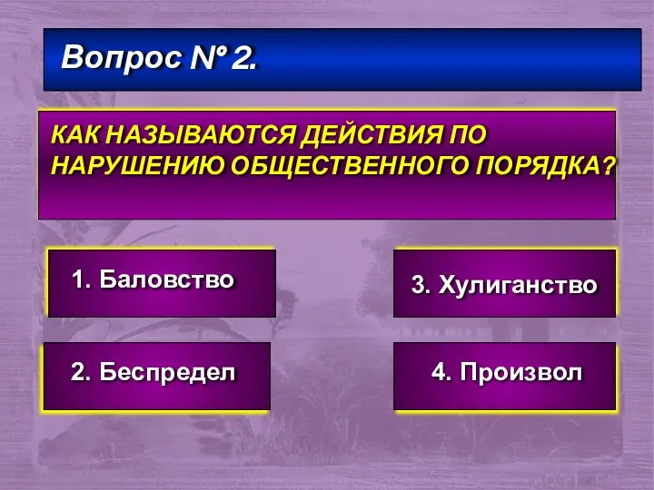 Вопрос № 2. КАК НАЗЫВАЮТСЯ ДЕЙСТВИЯ ПО НАРУШЕНИЮ ОБЩЕСТВЕННОГО ПОРЯДКА? 1. Баловство