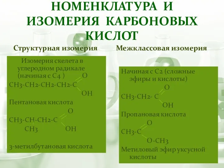 НОМЕНКЛАТУРА И ИЗОМЕРИЯ КАРБОНОВЫХ КИСЛОТ Структурная изомерия Изомерия скелета в углеродном радикале