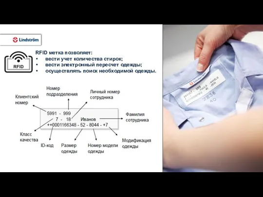 Маркировка одежды RFID метка позволяет: вести учет количества стирок; вести электронный пересчет