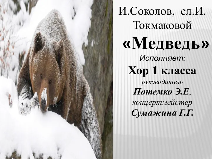 И.Соколов, сл.И.Токмаковой «Медведь» Исполняет: Хор 1 класса руководитель Потемко Э.Е., концертмейстер Сумажина Г.Г.