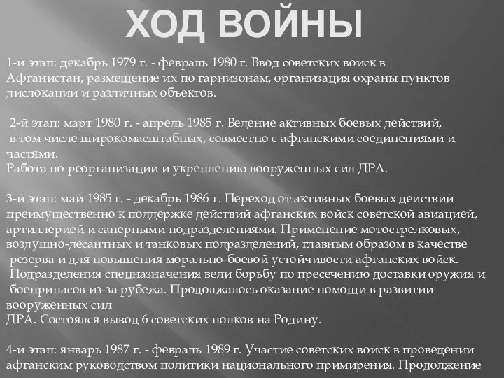 ХОД ВОЙНЫ 1-й этап: декабрь 1979 г. - февраль 1980 г. Ввод