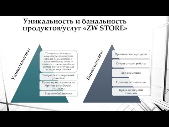 Уникальность и банальность продуктов/услуг «ZW STORE» Банальность: Уникальность: