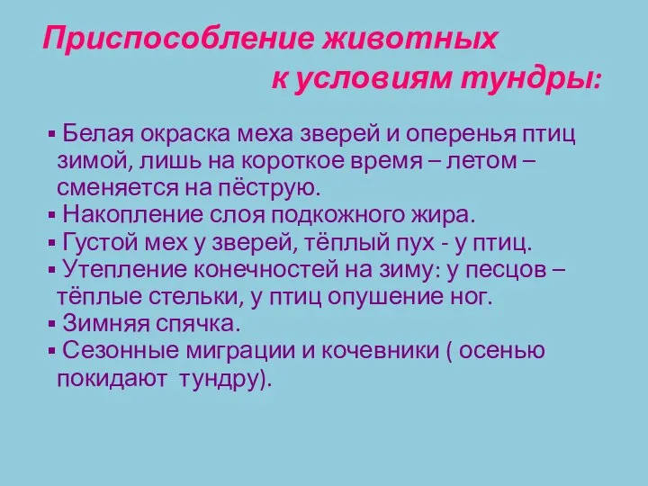 Приспособление животных к условиям тундры: Белая окраска меха зверей и оперенья птиц