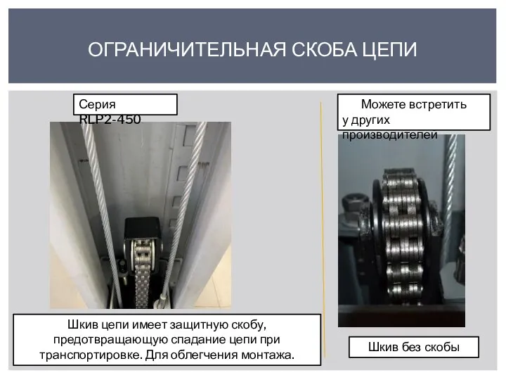 ОГРАНИЧИТЕЛЬНАЯ СКОБА ЦЕПИ Шкив цепи имеет защитную скобу, предотвращающую спадание цепи при