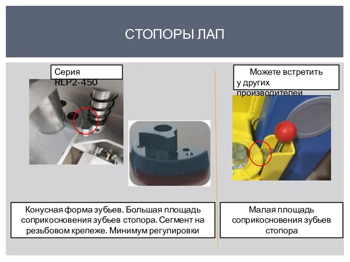 СТОПОРЫ ЛАП Конусная форма зубьев. Большая площадь соприкосновения зубьев стопора. Сегмент на