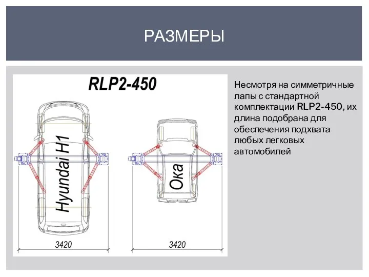 РАЗМЕРЫ Несмотря на симметричные лапы с стандартной комплектации RLP2-450, их длина подобрана