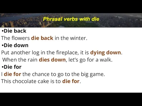 Phrasal verbs with die Die back The flowers die back in the