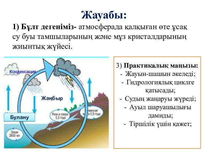 Жауабы: 1) Бұлт дегеніміз- атмосферада қалқыған өте ұсақ су буы тамшыларының және