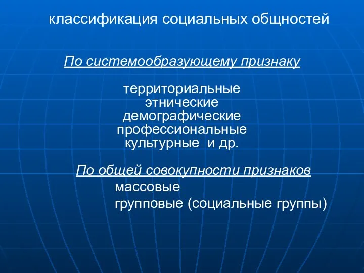 классификация социальных общностей По системообразующему признаку территориальные этнические демографические профессиональные культурные и