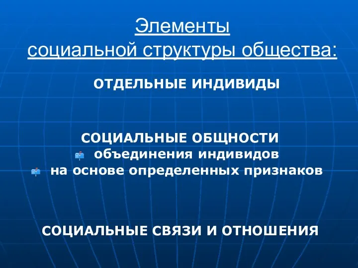 Элементы социальной структуры общества: СОЦИАЛЬНЫЕ ОБЩНОСТИ объединения индивидов на основе определенных признаков