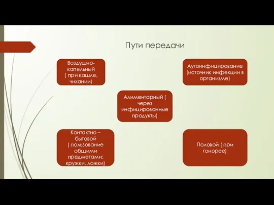 Пути передачи Воздушно- капельный ( при кашле, чихании) Алиментарный ( через инфицированные