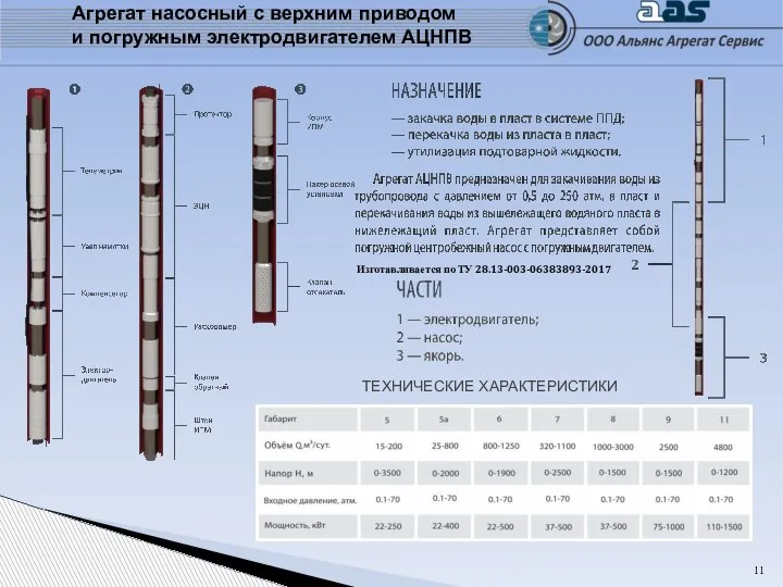 Изготавливается по ТУ 28.13-003-06383893-2017 Агрегат насосный с верхним приводом и погружным электродвигателем АЦНПВ ТЕХНИЧЕСКИЕ ХАРАКТЕРИСТИКИ