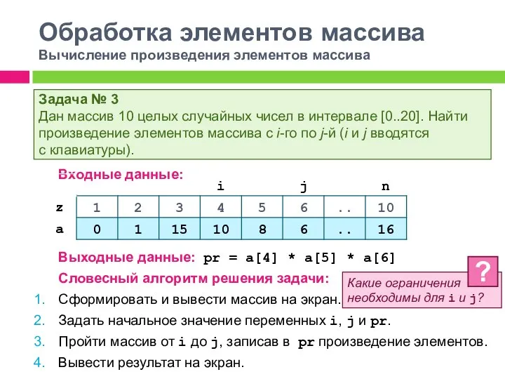 Обработка элементов массива Вычисление произведения элементов массива Входные данные: Выходные данные: pr