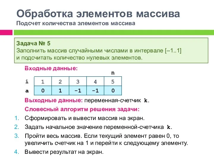 Обработка элементов массива Подсчет количества элементов массива Входные данные: Выходные данные: переменная-счетчик