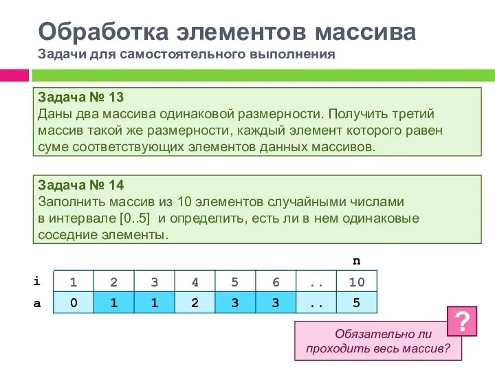 Обработка элементов массива Задачи для самостоятельного выполнения Задача № 13 Даны два