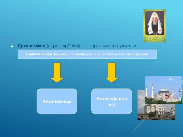 Правосла́вие (с греч. ὀρθοδοξία — «правильное суждение, прославление») Православная Церковь составляется сообществом поместных Церквей Автономных Автокефальных