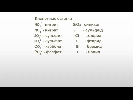 Кислотные остатки NO2¯ - нитрит SiO3 - силикат NO3¯ - нитрат S