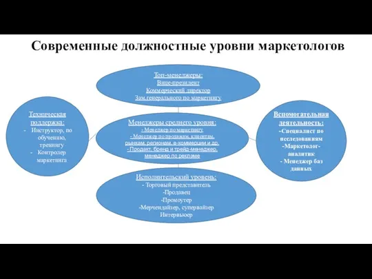 Современные должностные уровни маркетологов Топ-менеджеры: Вице-президент Коммерческий директор Зам.генерального по маркетингу Менеджеры