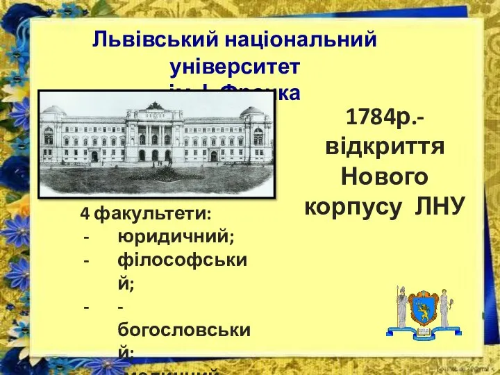 Львівський національний університет ім. І. Франка 1784р.- відкриття Нового корпусу ЛНУ 4