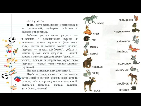 «Кто у кого» Цель: соотносить название животных и их детенышей, подбирать действия