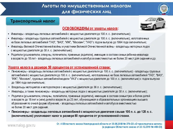 www.nalog.gov.ru Льготы по имущественным налогам для физических лиц Ст. 4 Областного закона