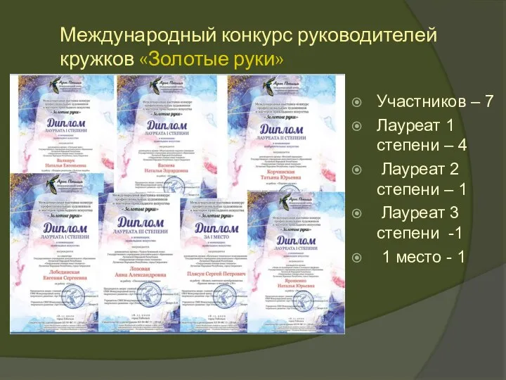 Международный конкурс руководителей кружков «Золотые руки» Участников – 7 Лауреат 1 степени