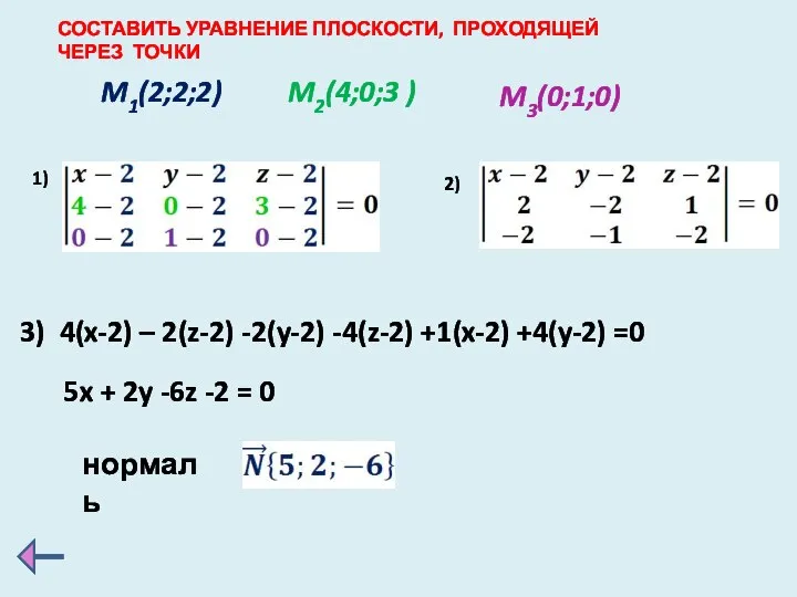 СОСТАВИТЬ УРАВНЕНИЕ ПЛОСКОСТИ, ПРОХОДЯЩЕЙ ЧЕРЕЗ ТОЧКИ 3) 4(x-2) – 2(z-2) -2(y-2) -4(z-2)
