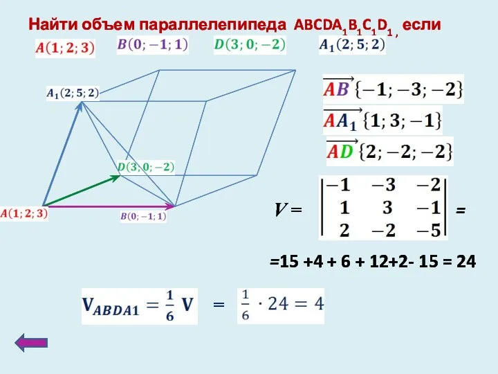 Найти объем параллелепипеда ABCDA1B1C1D1 , если =15 +4 + 6 + 12+2- 15 = 24