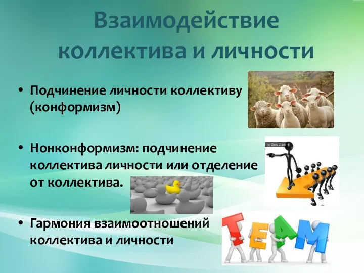 Взаимодействие коллектива и личности Подчинение личности коллективу (конформизм) Нонконформизм: подчинение коллектива личности