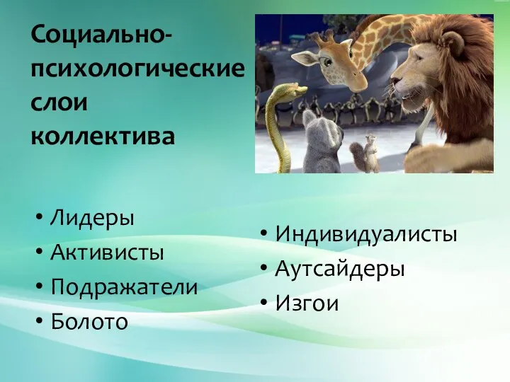 Социально- психологические слои коллектива Лидеры Активисты Подражатели Болото Индивидуалисты Аутсайдеры Изгои