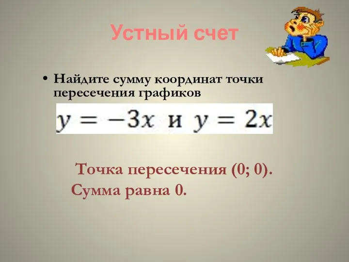 Устный счет Найдите сумму координат точки пересечения графиков Точка пересечения (0; 0). Сумма равна 0.