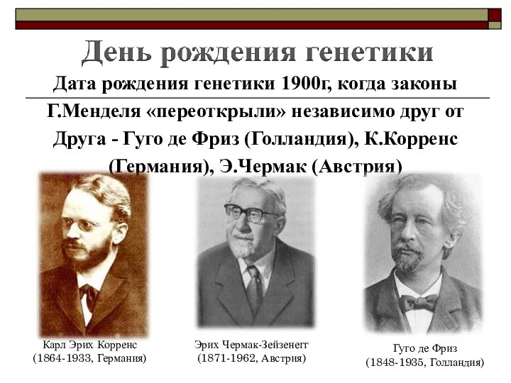 Дата рождения генетики 1900г, когда законы Г.Менделя «переоткрыли» независимо друг от Друга