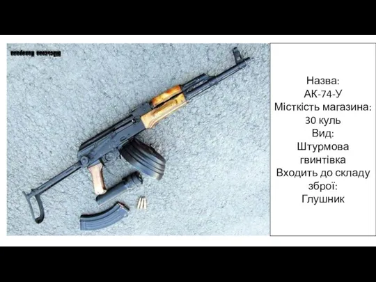 Назва: АК-74-У Місткість магазина: 30 куль Вид: Штурмова гвинтівка Входить до складу зброї: Глушник