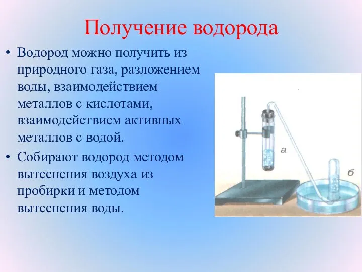 Получение водорода Водород можно получить из природного газа, разложением воды, взаимодействием металлов