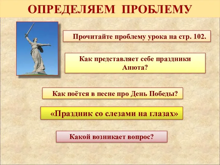 ОПРЕДЕЛЯЕМ ПРОБЛЕМУ Какой возникает вопрос? Как представляет себе праздники Анюта? Прочитайте проблему