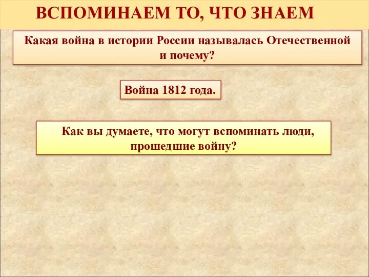 ВСПОМИНАЕМ ТО, ЧТО ЗНАЕМ Какая война в истории России называлась Отечественной и