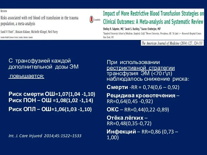 С трансфузией каждой дополнительной дозы ЭМ повышается: Риск смерти ОШ=1,07(1,04 -1,10) Риск