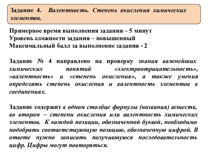 Задание 4. Валентность. Степень окисления химических элементов. Примерное время выполнения задания –