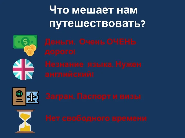 Что мешает нам путешествовать? Деньги. Очень ОЧЕНЬ дорого! Незнание языка. Нужен английский!