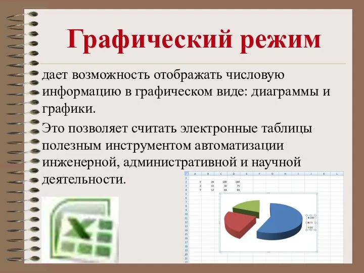 Графический режим дает возможность отображать числовую информацию в графическом виде: диаграммы и