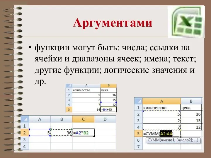 Аргументами функции могут быть: числа; ссылки на ячейки и диапазоны ячеек; имена;