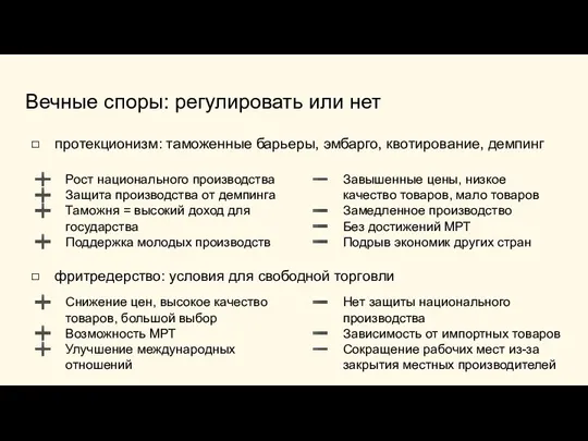 Вечные споры: регулировать или нет протекционизм: таможенные барьеры, эмбарго, квотирование, демпинг фритредерство: