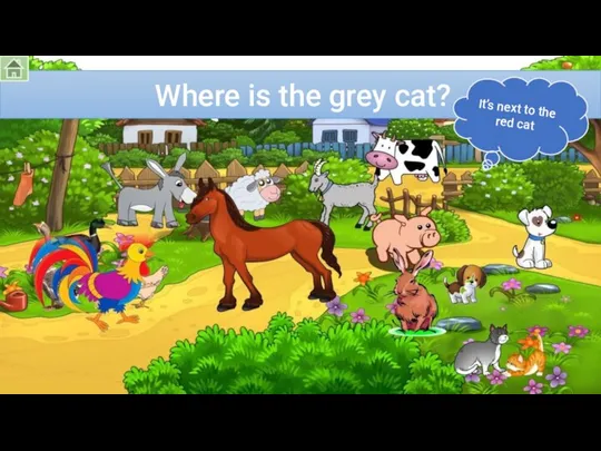 Where is the grey cat? It’s next to the red cat