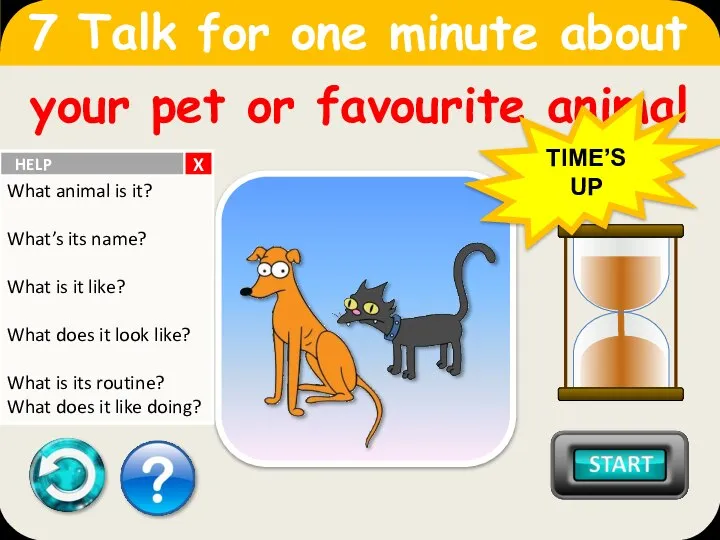 your pet or favourite animal 7 Talk for one minute about TIME’S UP X
